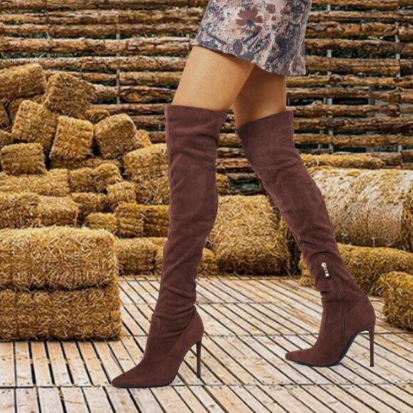 Women Faux Suede Brown Polyurethane Over The Knee Stiletto Heel Pointed Boots - Picture 2 of 5